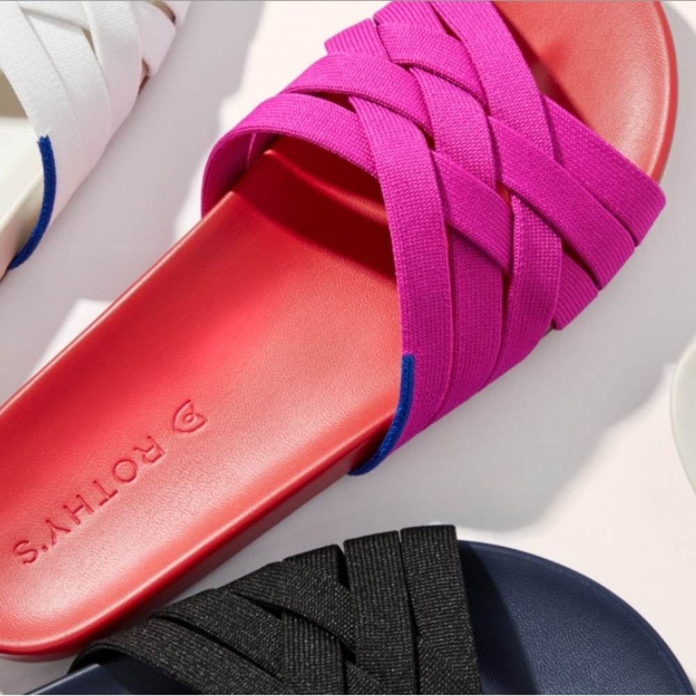 ROTHY’S The Slide in Cherry Red Pink Criss Criss Knit Strap Sandals US 9.5 💗❤️